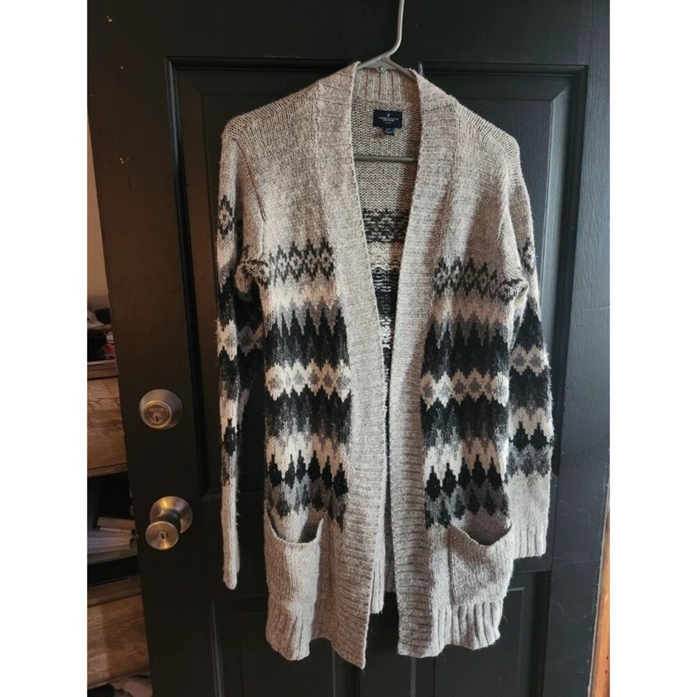 American Eagle Fair Isle Open Front Cardigan Sweater Gray Black Medium Flawless